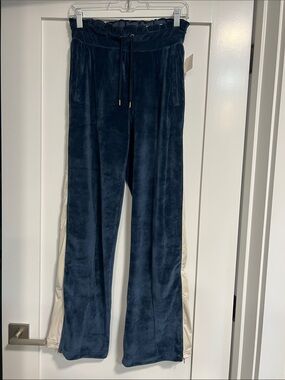 High stretch Navy Velvet Drawstring Track Pants with Cream Side Panels